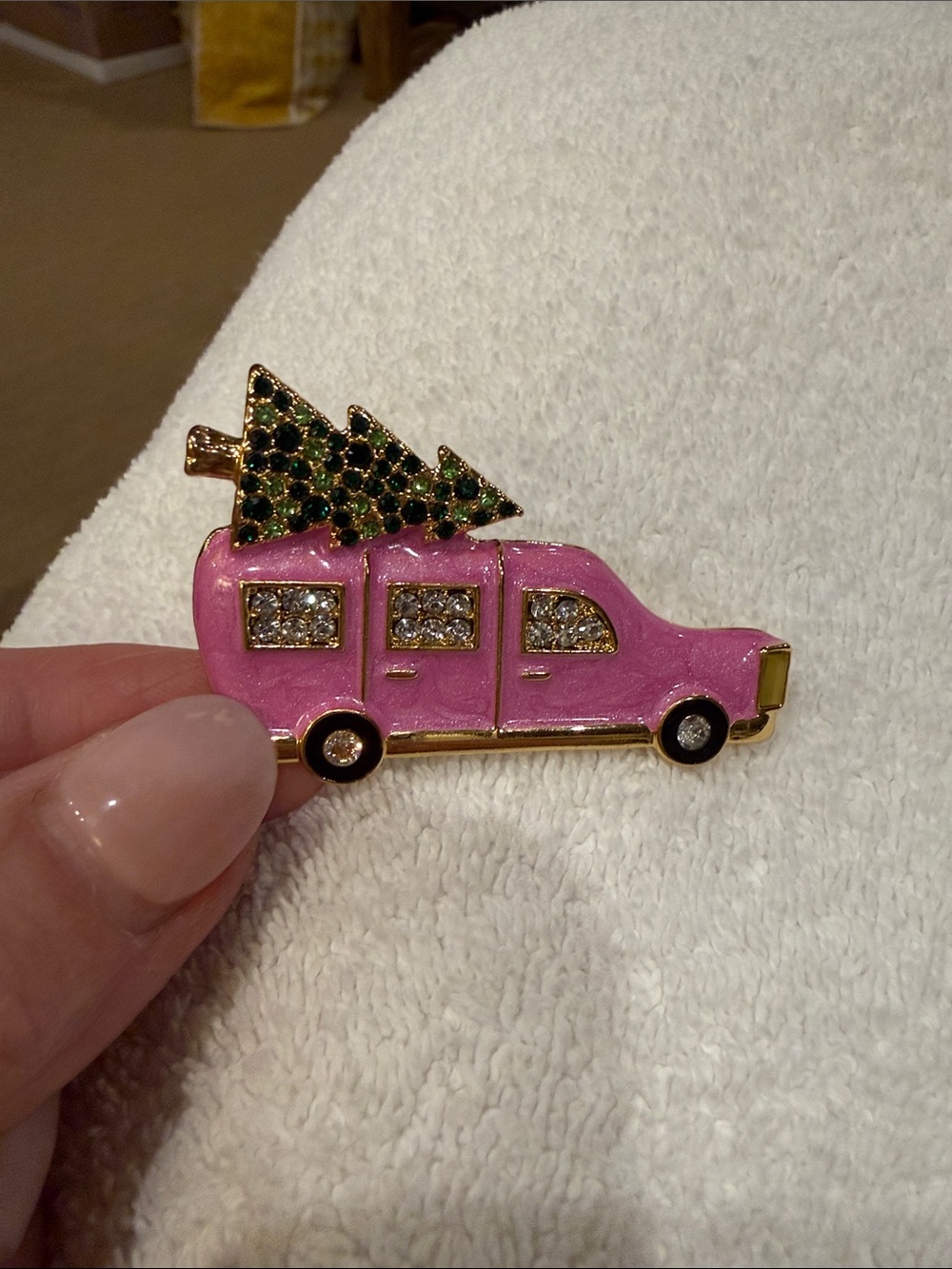Talbots Pink Camper Van Brooch with Green Jeweled Tree